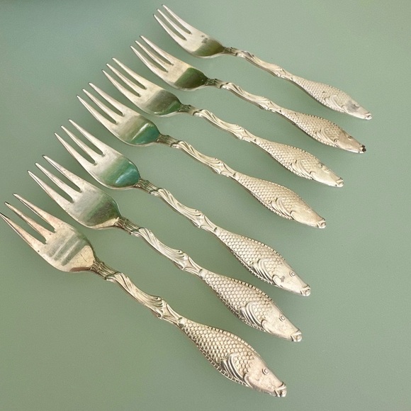 RARE VINTAGE PRIMA NS ALP Swedish Fish Fork set of 7 Sterling Silver Plated - Picture 1 of 11